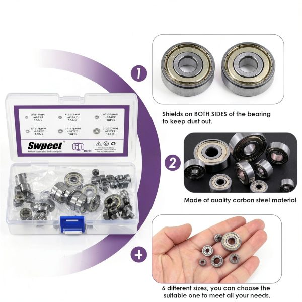 Swpeet Ball Bearings Kit 60pcs 6 Sizes Deep Groove Steel Shielded-3