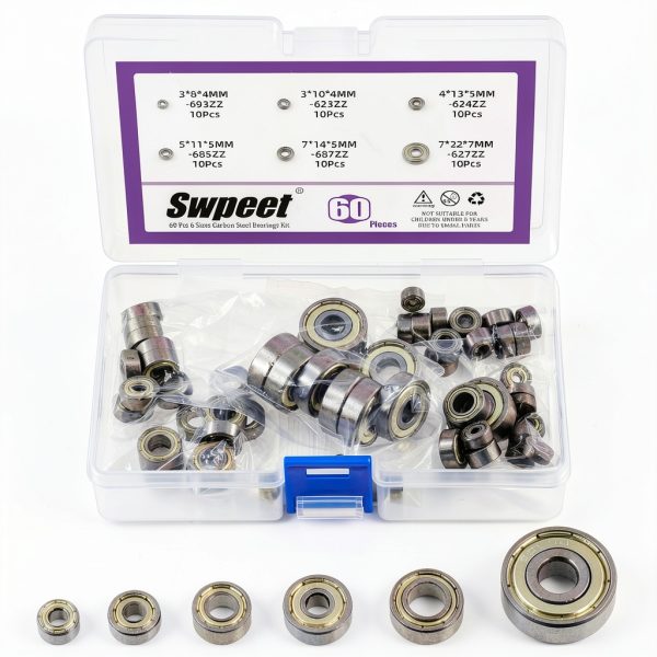 Swpeet Ball Bearings Kit 60pcs 6 Sizes Deep Groove Steel Shielded-0